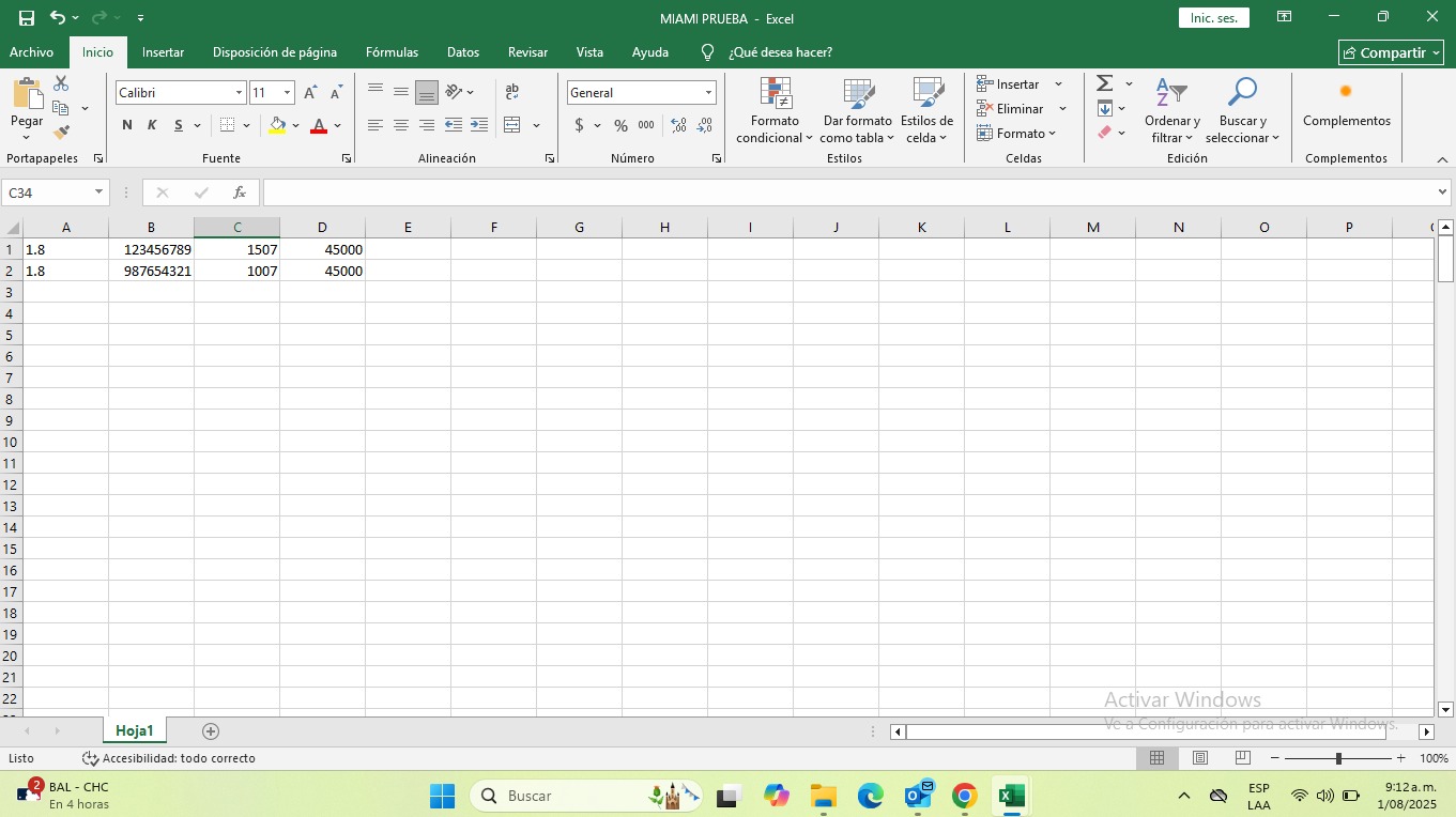 Ejemplo de datos en Excel